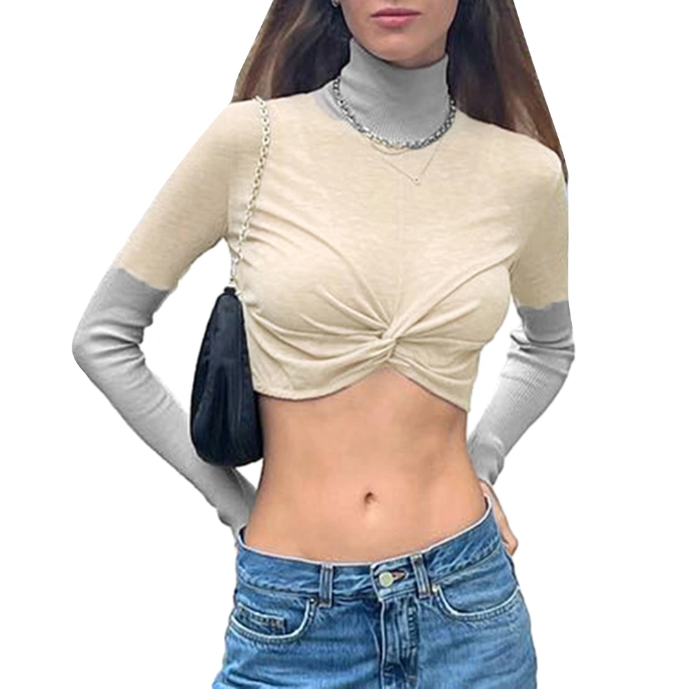 Women Turtleneck Crop Tops Long Sleeve Twist Front Patchwork T-Shirts