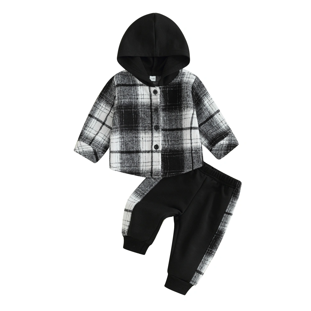 Baby Boys Outfit, Long Sleeve Hooded Plaid Jacket with Patchwork Pants