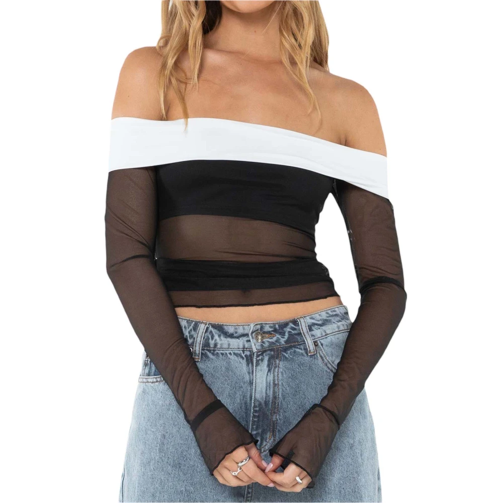 Women's Long Sleeve Off Shoulder Contrast Color Sheer Mesh T-shirt