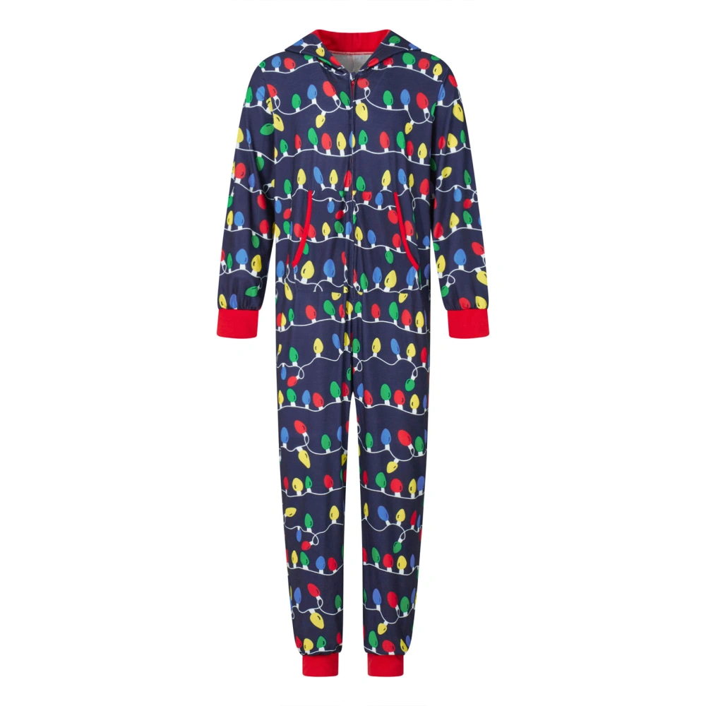 Christmas String Light Print Long Sleeve Front Zipper Jumpsuit Pajama