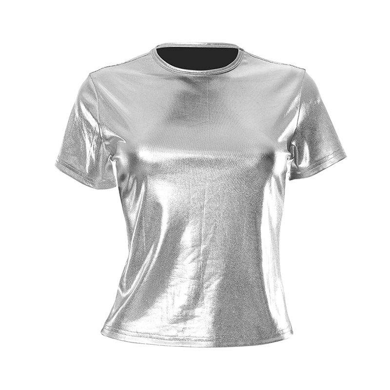 Women's Summer Slim Metallic Tops Solid Color Short Sleeve T-Shirts