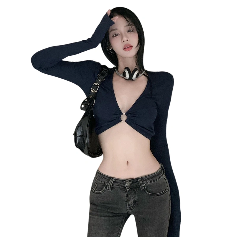 Women's Slim Cropped Tops Solid Color Long Sleeve Show Navel T-Shirts