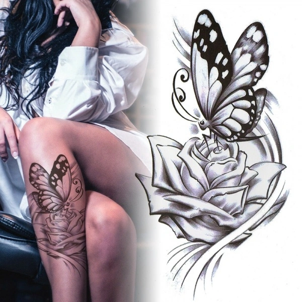 Women Temporary Tattoo Sticker Large Black Rose Butterfly Body Art Waterproof