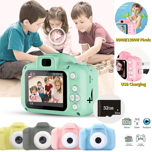 Children's Camera Waterproof HD Screen Camera Video Toy 8 Million Pixel Kids Cartoon Cute Camera Outdoor Photography Toy Digital Camera 32G TF Card