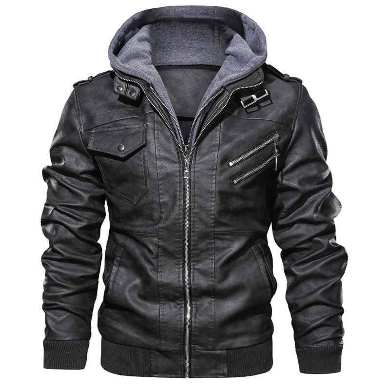 Jamickiki New Outdoor Fashion Mens PU Leather Thin Motorcycle Jacket Coat with removable hoodie