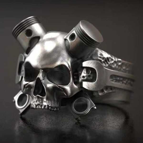 Steampunk Mechanical Wrench Skull Ring Stainless Steel Jewelry Men's Retro Punk Biker Ring Gift