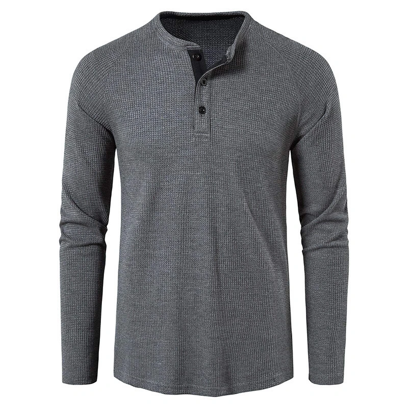 Men's Round Neck Waffle Long Sleeve Henry Casual T-shirt American Base Men's POIO Shirt
