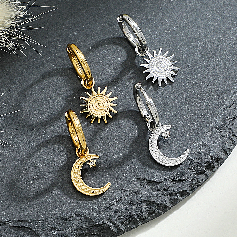 Stainless Steel Asymmetric Sun Moon Earrings