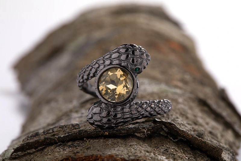 Natural Citrine Serpentine 925 Silver Ring