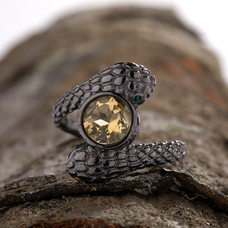 Natural Citrine Serpentine 925 Silver Ring