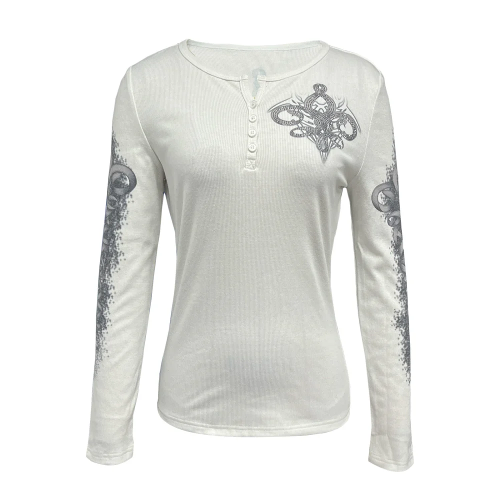 Women's Vintage Henley Tops Long Sleeve V Neck Wings Print T-Shirts