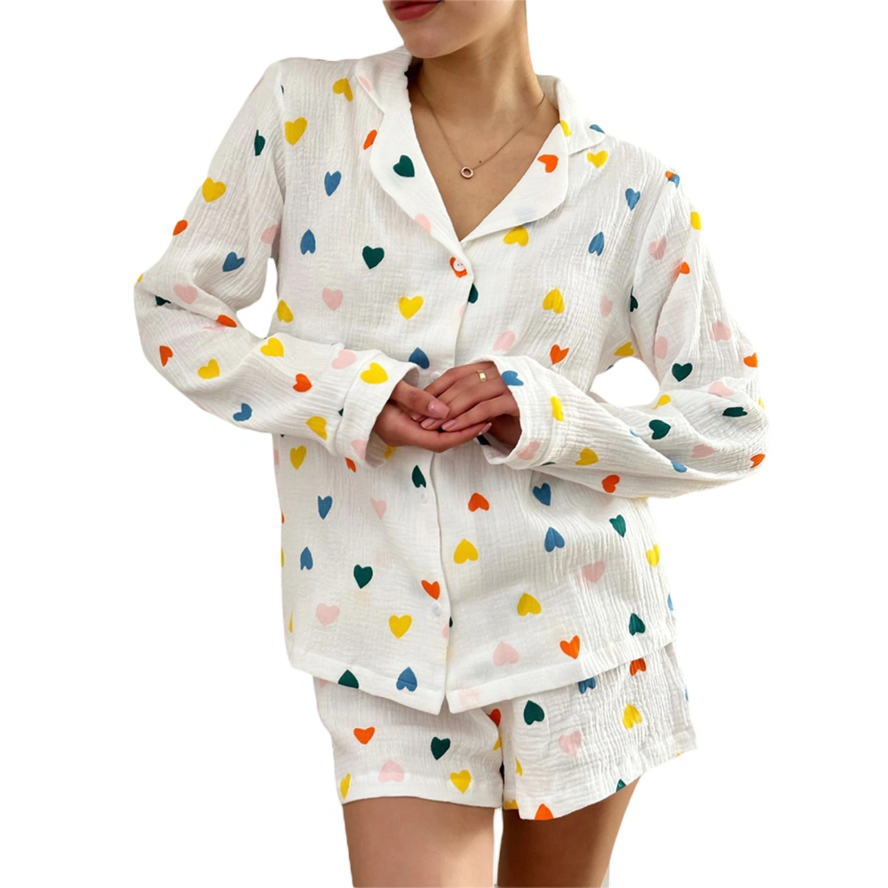 Women Long Sleeve Button Shirt Tops Heart Print Shorts Sleepwear Sets