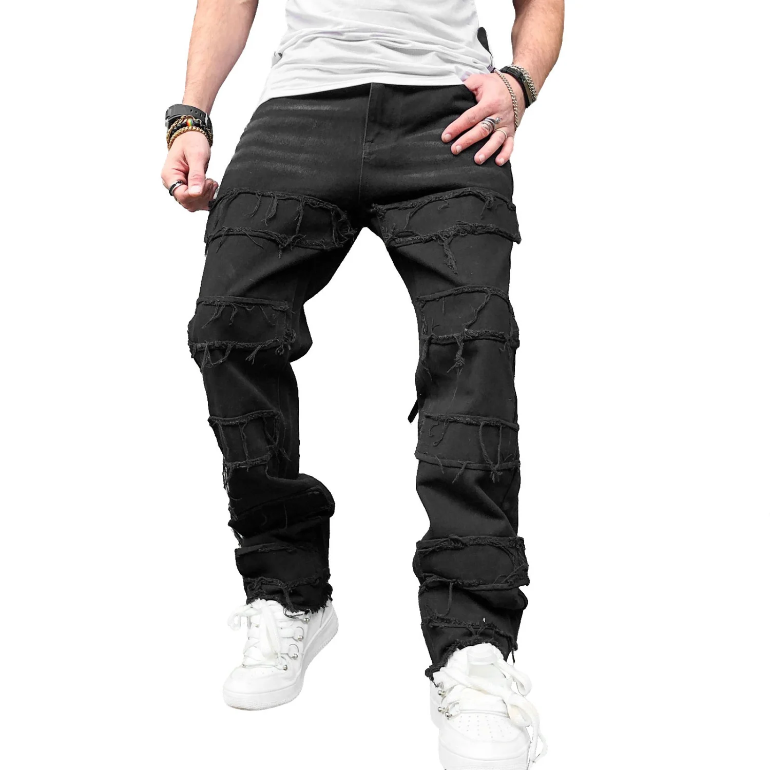 Men's Black Raw Trim Straight Fit Streetwear Denim Jeans with Pockets