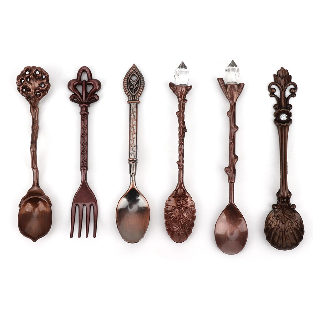 6Pcs Set Innovative Vintage Retro Zinc Alloy Spoons Fork Set Cutlery Kitchen Accessory(Red Bronze (HeartShaped Fork Handle) )