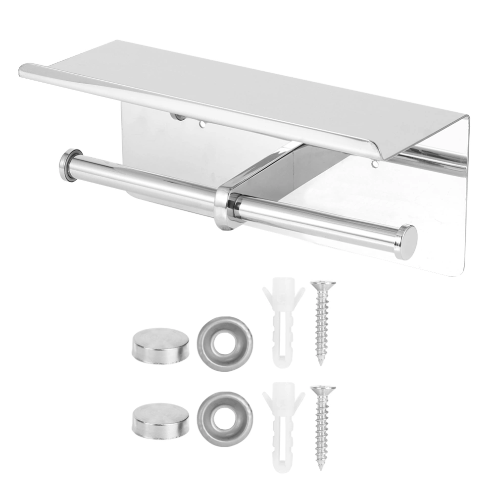 Stainless Steel Dual Rack Roll Paper Holder Toilet Paper Rack with Mobile Phone Storage Shelf