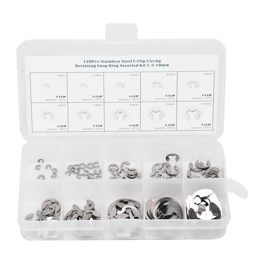 120Pcs E Clip Washer Stainless Steel External Retaining Ring Circlip Assortment Kit 1.5mm‑10mm