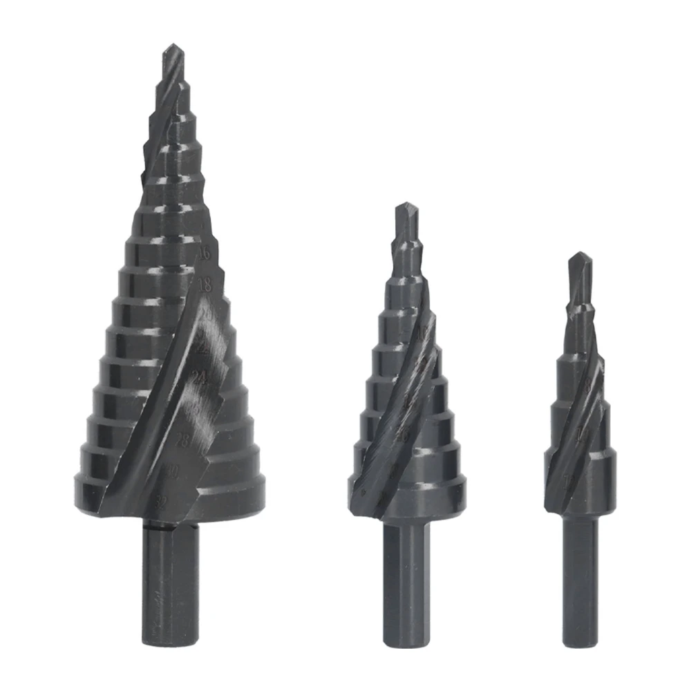 3Pcs Spiral Step Drill Bit Two Flute Smoother Nitrided Sturdy Durable Titanium Coated HSS Step Cone Drill Bits