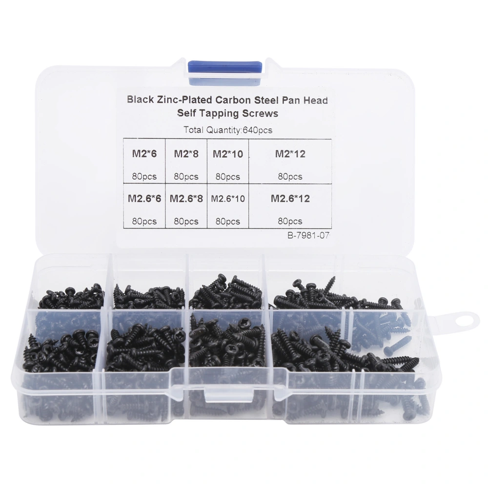 640Pcs Pan Head Tapping Screws Set Black Cross Carbon Steel Fastener Assortment Kit