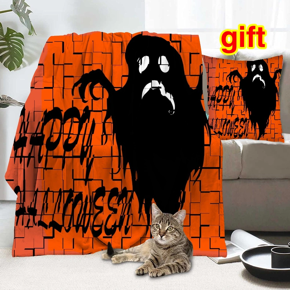 Halloween Blanket with Pillow Case,, Horror Skeleton Cemetery Pumpkin Lantern Misty Dead Halloween Blanket for Bedroom College Dorm Decor,#115,32x48''