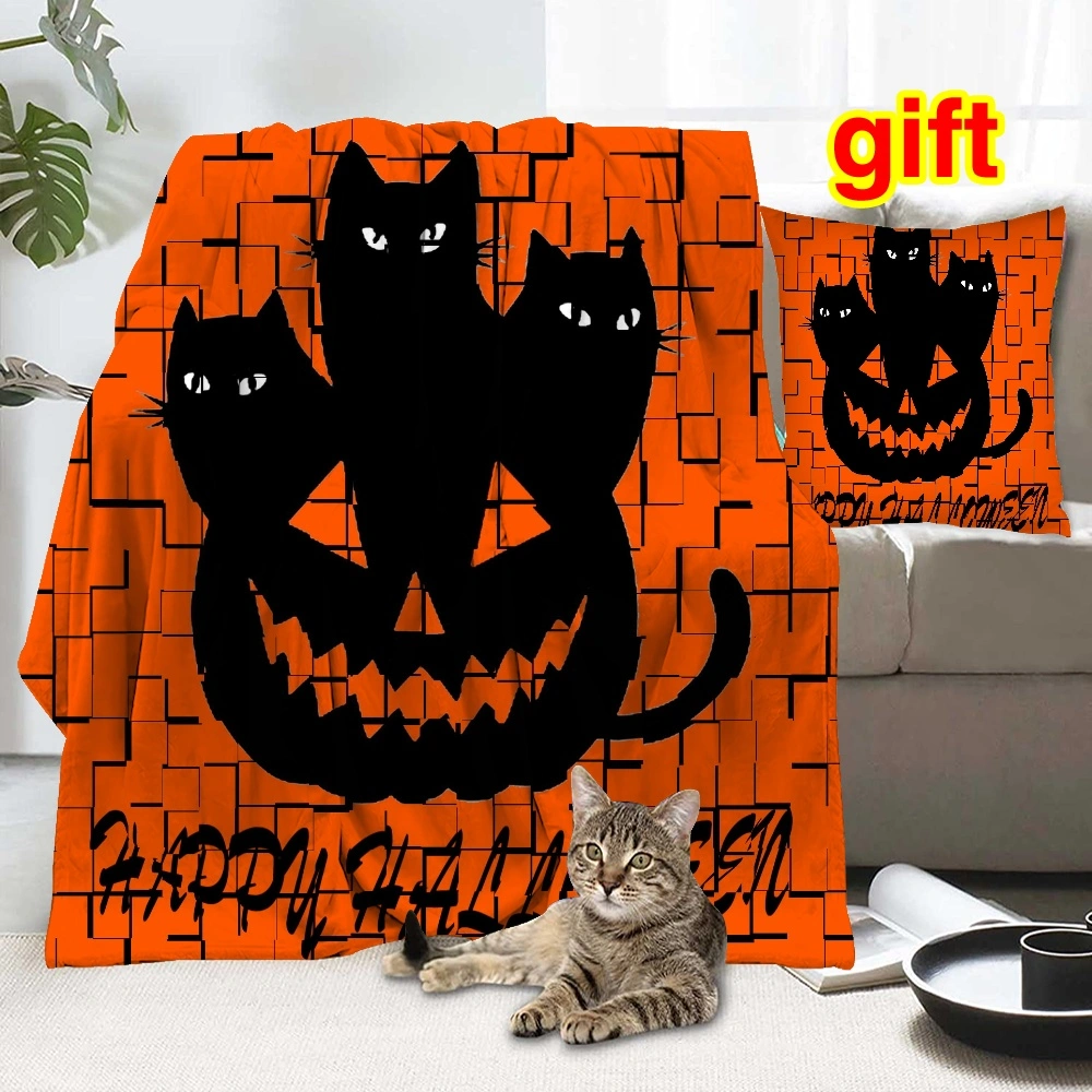 Halloween Blanket with Pillow Case,, Horror Skeleton Cemetery Pumpkin Lantern Misty Dead Halloween Blanket for Bedroom College Dorm Decor,#118,32x48''