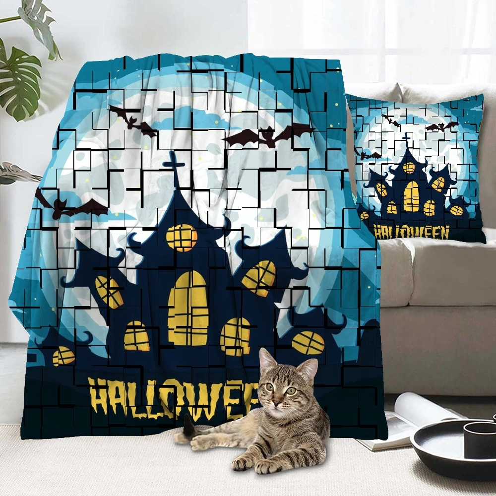 Halloween Blanket with Pillow Case,, Horror Skeleton Cemetery Pumpkin Lantern Misty Dead Halloween Blanket for Bedroom, Living Room Dorm,#130,32x48''