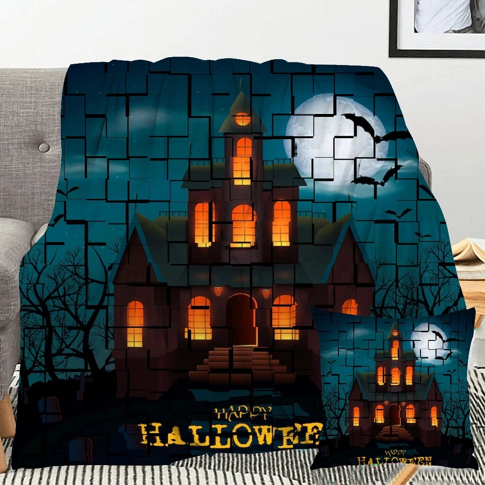 Halloween Blanket with Pillow Case,, Horror Skeleton Cemetery Pumpkin Lantern Misty Dead Halloween Blanket for Living Room Bedroom Aesthetic Decor,#140,32x48''