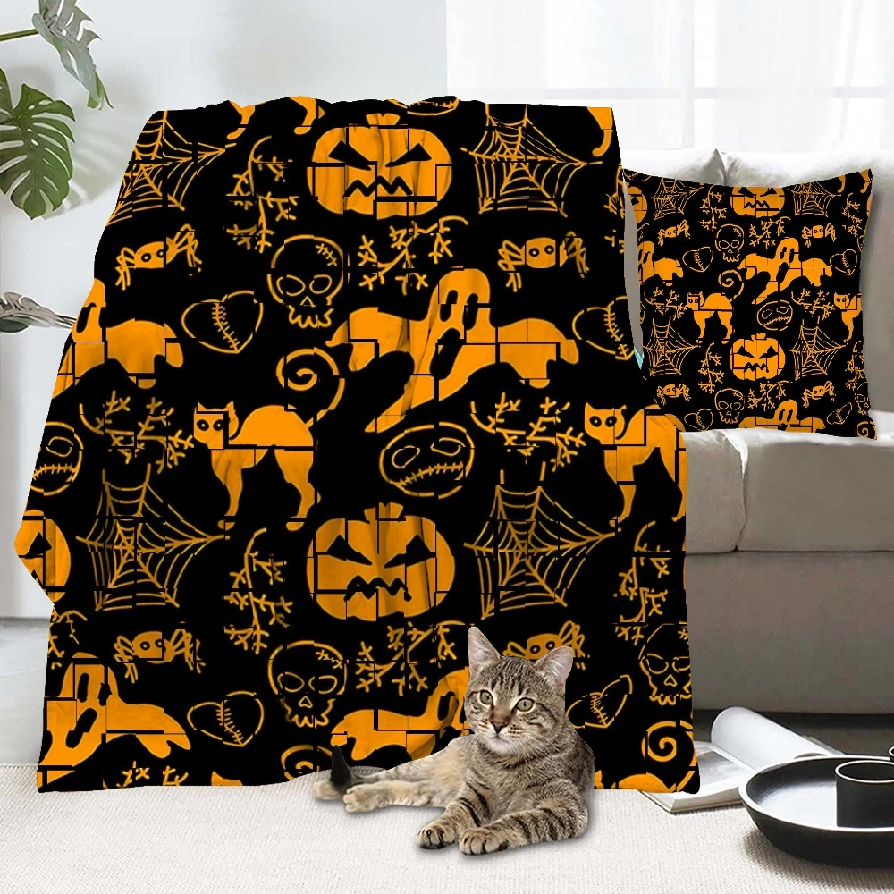 Halloween Blanket with Pillow Case,Autumn Thanksgiving Pumpkin Maple Leaves Sunflower Blanket for Living Room Dorm,#221,32x48''