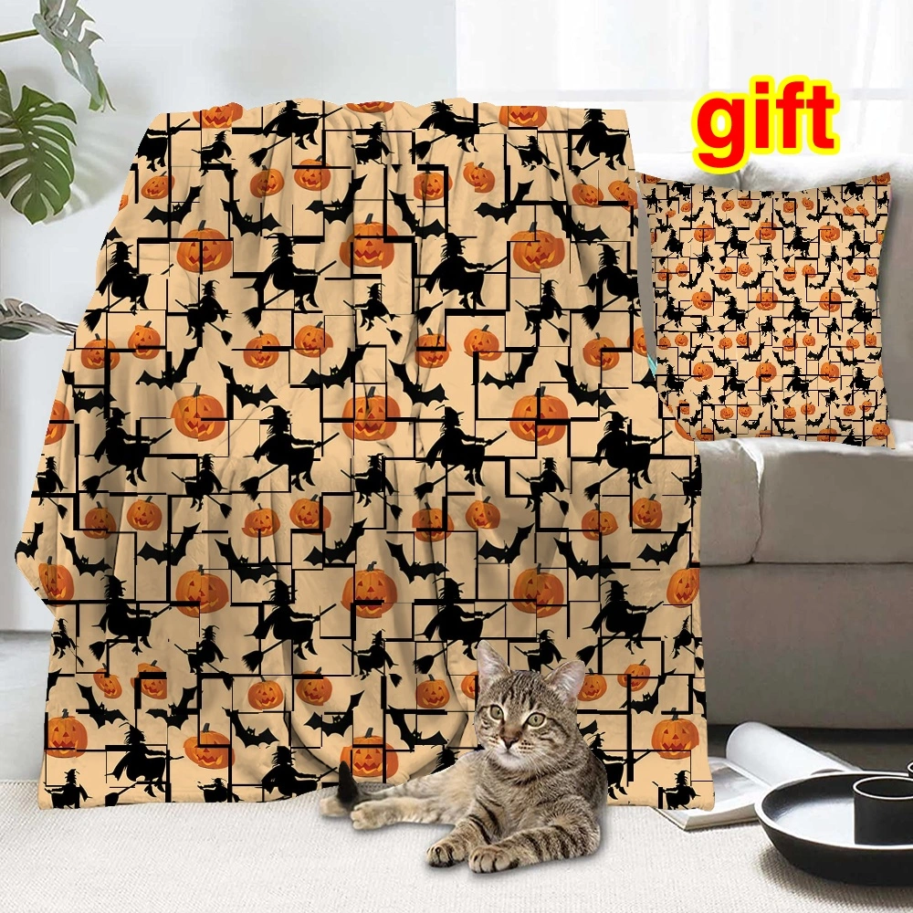 Halloween Blanket with Pillow Case,Bat Tomb Blanket for Indoor Outdoor Kitchen Home Decoration Curtain Balcony Partition Halloween theme Blue,#325,32x48''