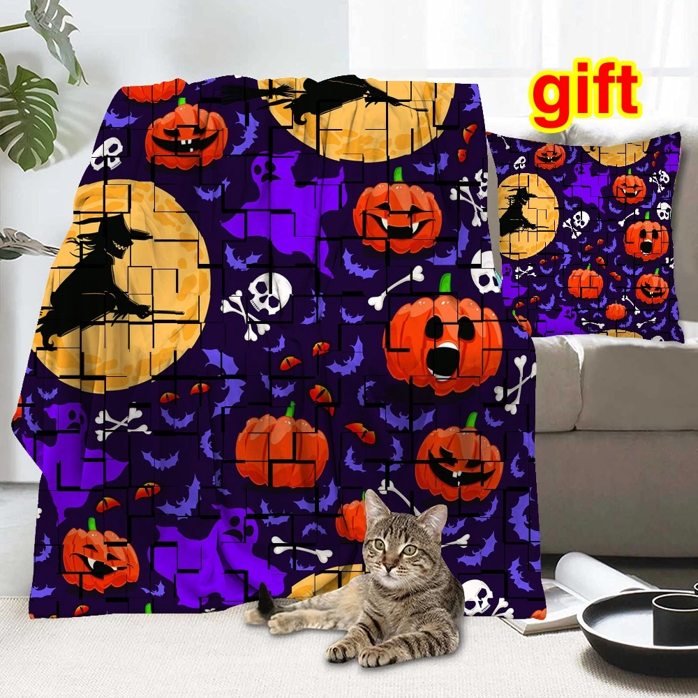 Halloween Blanket with Pillow Case,Bat Tomb Blanket for Indoor Outdoor Kitchen Home Decoration Curtain Balcony Partition Halloween theme Blue,#325,32x48''