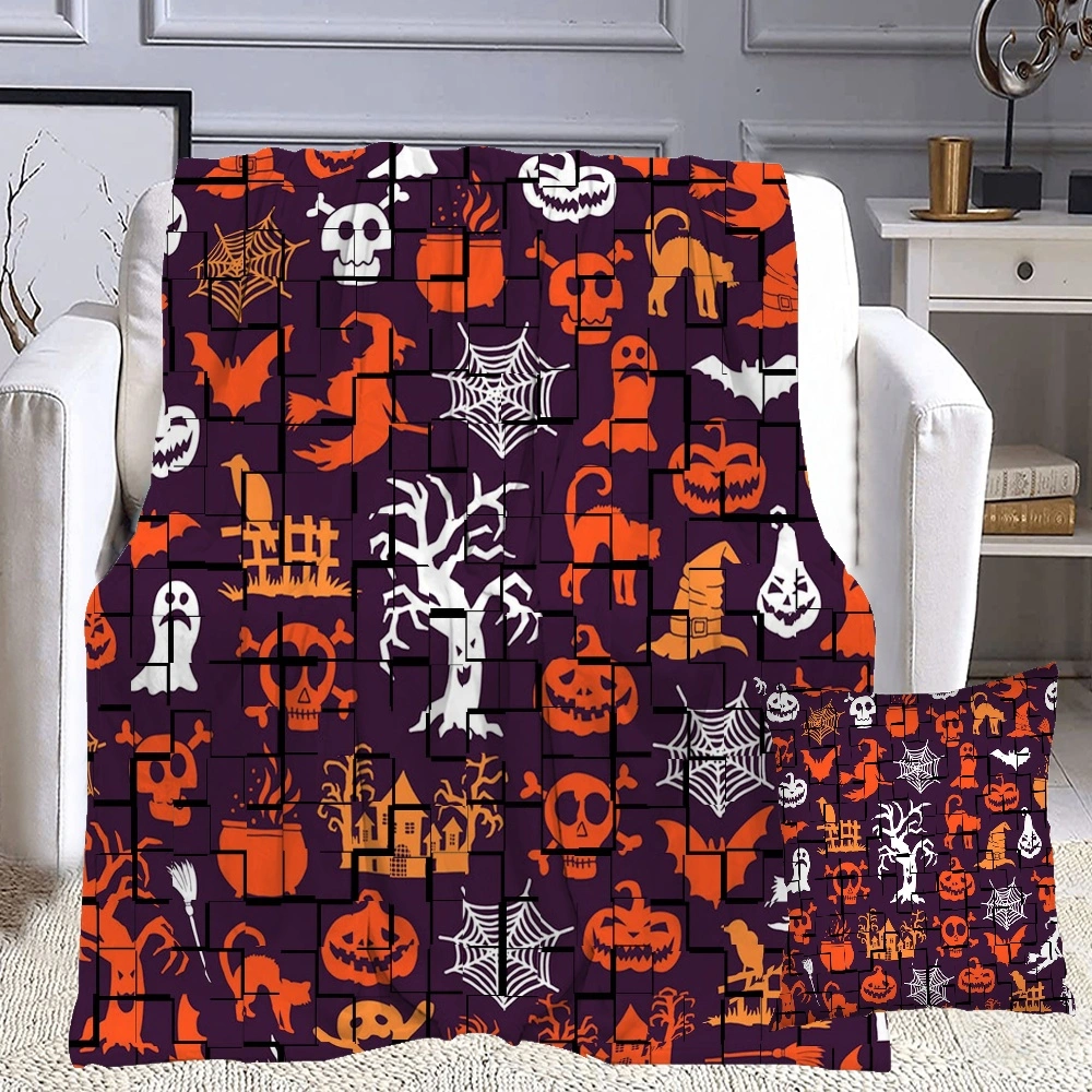 Halloween Blanket with Pillow Case,Bat Tomb Blanket for Indoor Outdoor Kitchen Home Decoration Curtain Balcony Partition Halloween theme Blue,#326,32x48''