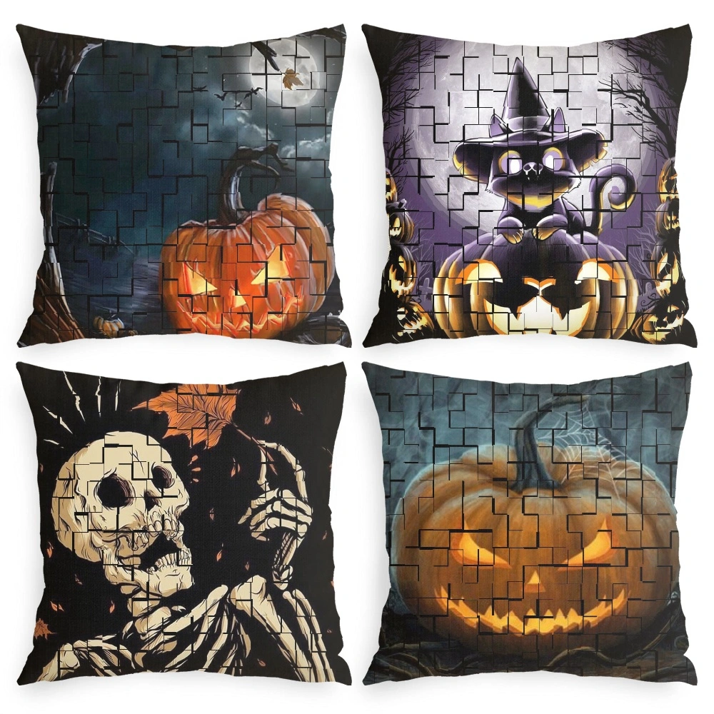 4Pcs Halloween Decorative Pillow Case-Black Orange Skull Pillow Case for Bedroom Hippie Room Decor,#089