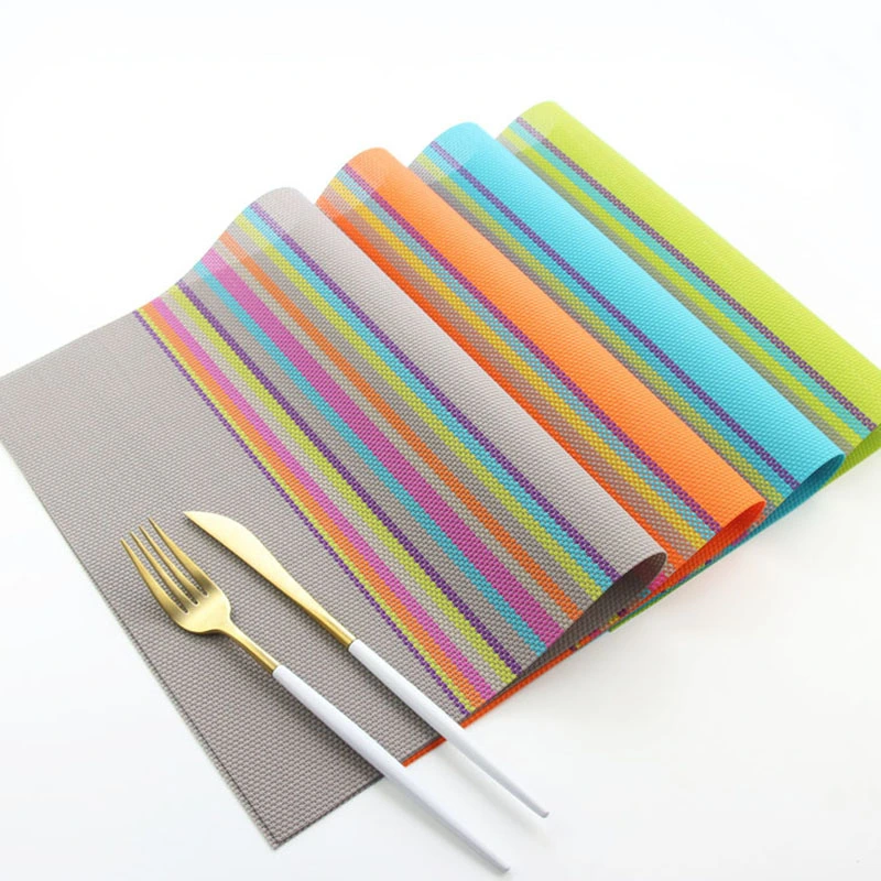 6pcs Placemats PVC Non Slip Washable Heat Resistant Rainbow Stripe Dining Table Place Mats for Kitchen Tableware Random Color