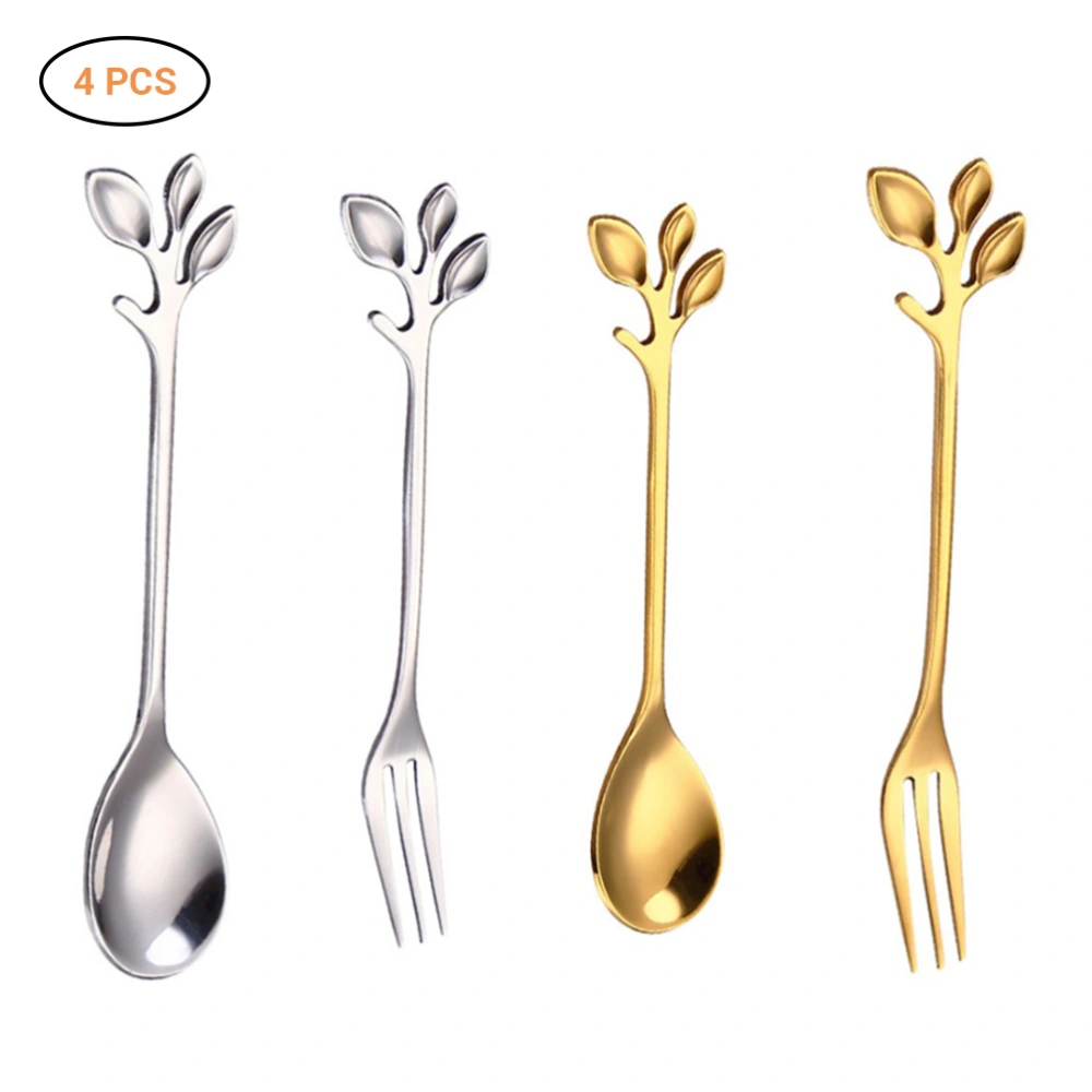 4 Pcs Vintage Leaf Design 12cm Stainless Steel Gold Silver Leaf Shape Coffee Cutlery Spoon and Forks Set Kitchen Dining Accessories