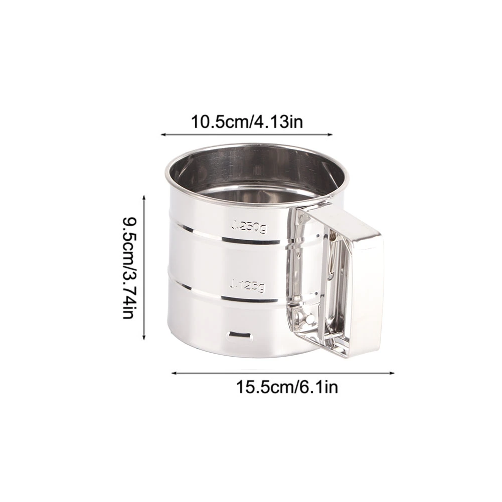 Stainless Steel Shaker Sieve Cup Mesh Crank Flour Sifter with Measuring Scale for Flour Icing Sugar