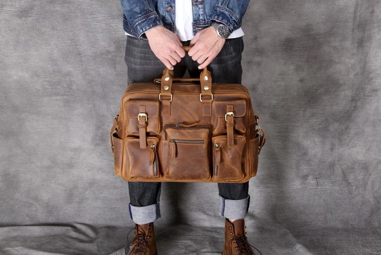 Men Vintage Genuine Leather Multi Pocket Square Crossbody Travel Luggage Messenger Bags