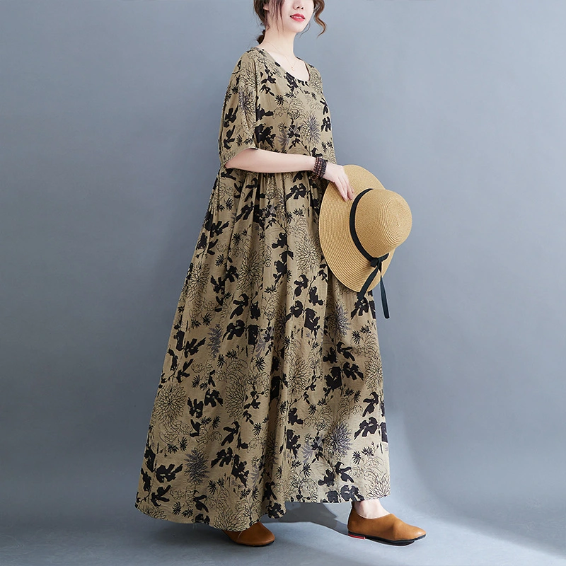 Women's Plus Size Loose Cotton Linen Printed Short Sleeve Dress