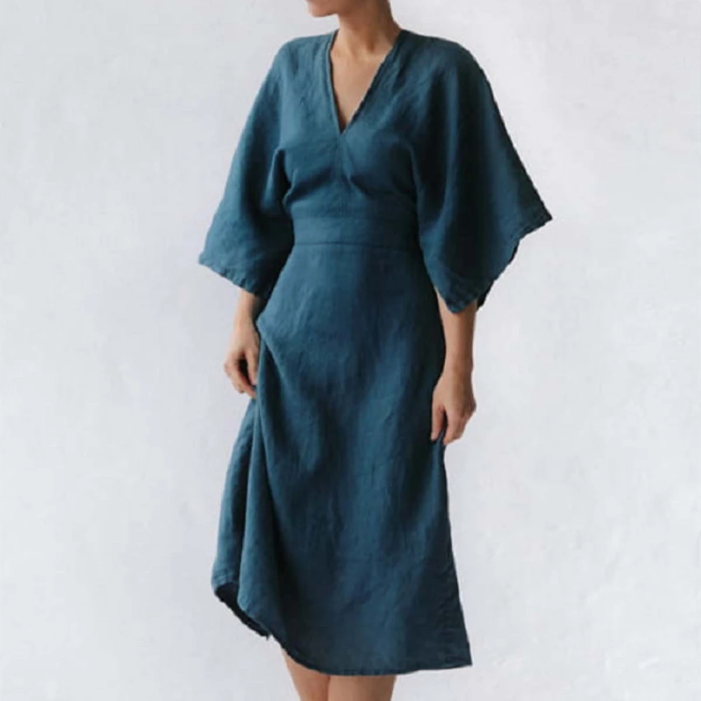 Elegant Chalk Blue Linen Slim Dress