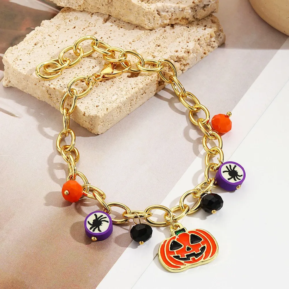 Yellow Red Pumpkin Skull Pendant Halloween Bracelet