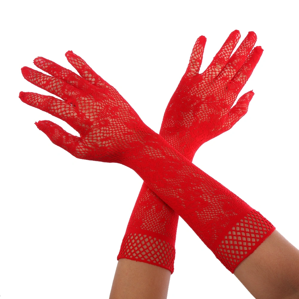 Women Ladies Stretch Lace Hollow-Out Gloves for Bridal Wedding Party Pageant Red