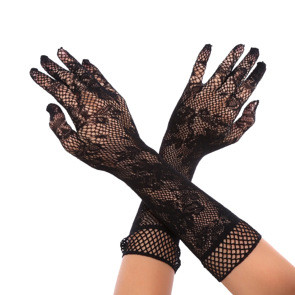 Women Ladies Stretch Lace Hollow-Out Gloves for Bridal Wedding Party Pageant Black