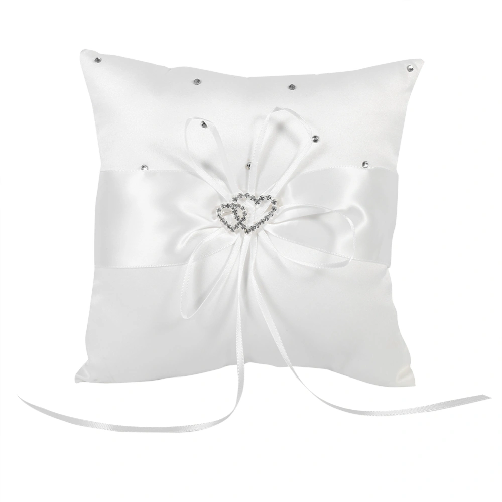 Wedding Ring Bearer Holder Pillow Cushion With Bowknot Stain Double Hearts Diamonds (White)