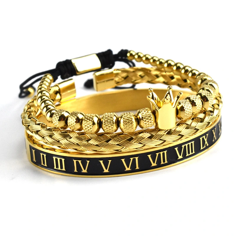 Glossy Crown Woven Bracelet Stainless Steel Black Oil Roman Digital