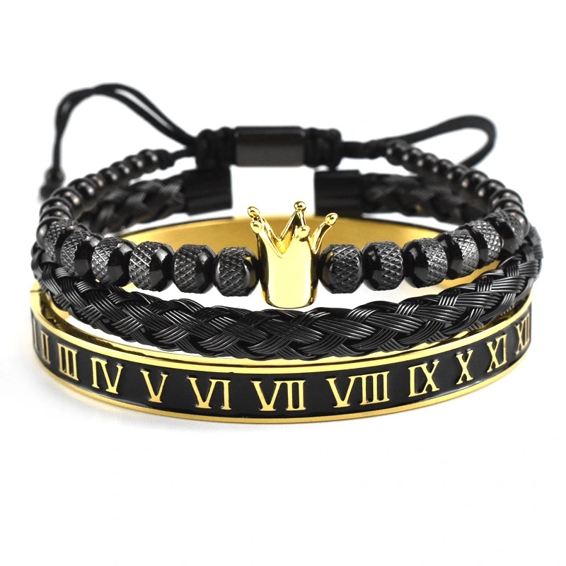 Glossy Crown Woven Bracelet Stainless Steel Black Oil Roman Digital