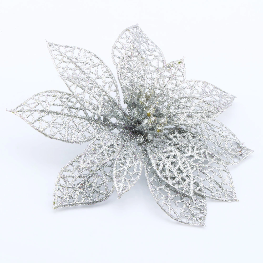 5.9inch Plastic Christmas Flower Glitter Hollow Artificial Flower Xmas Trees Decor For Holiday