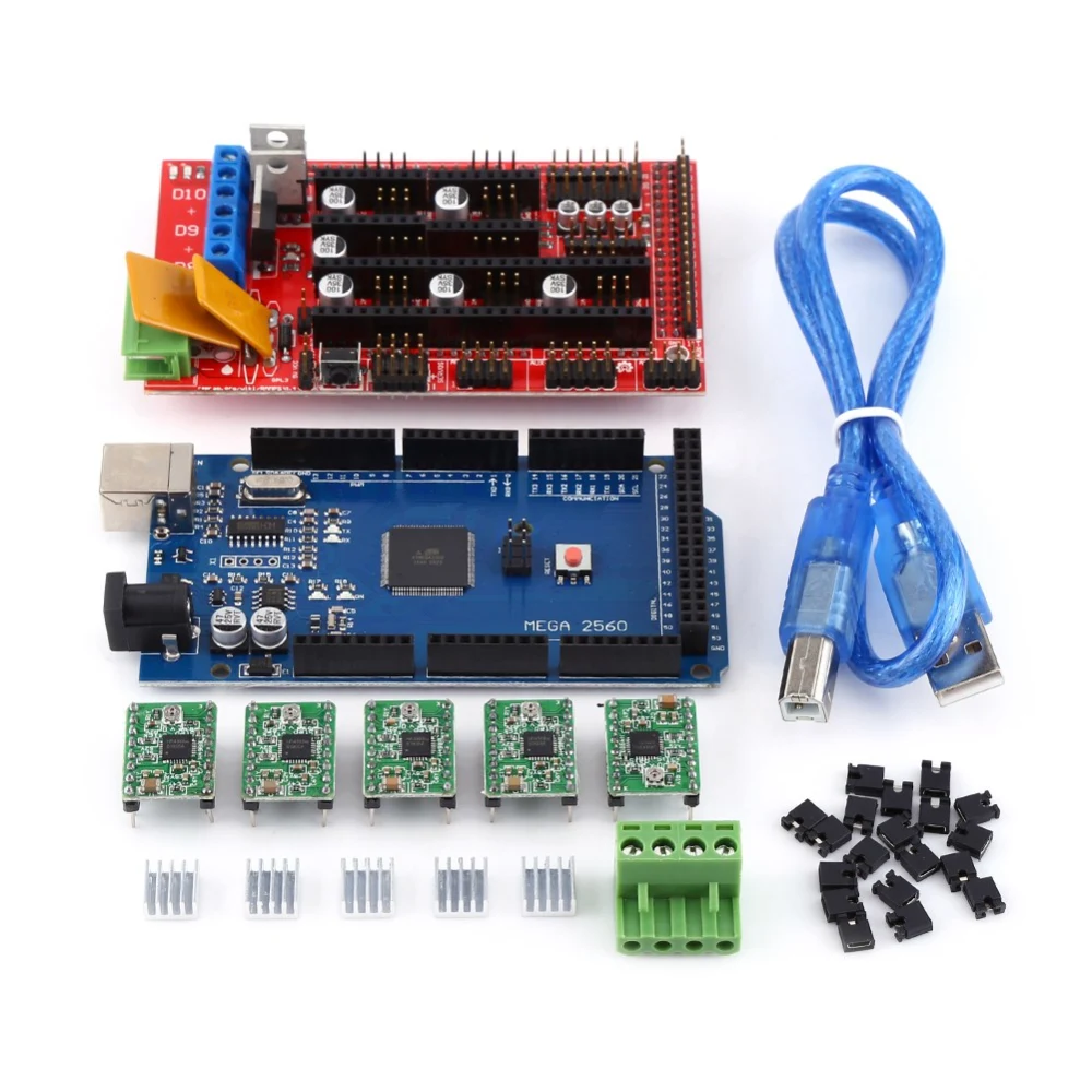 3D Printer RAMPS 1.4 Controller + MEGA2560 R3 + A4988 With Heat Sink USB Calbe Jumper Kit