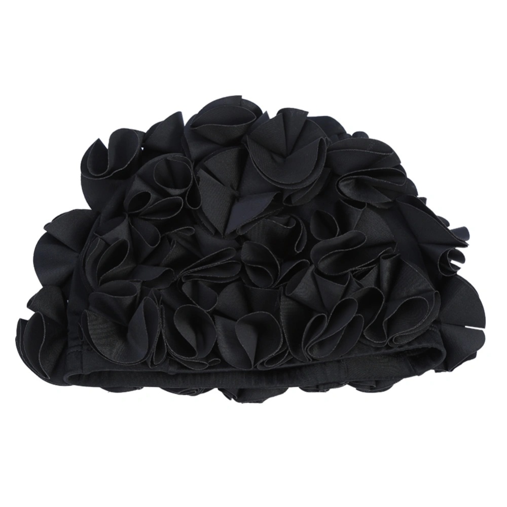 Women Children Flower Shape Fashion Elastic Swiming Hat Long Hair Swim Cap (Black)