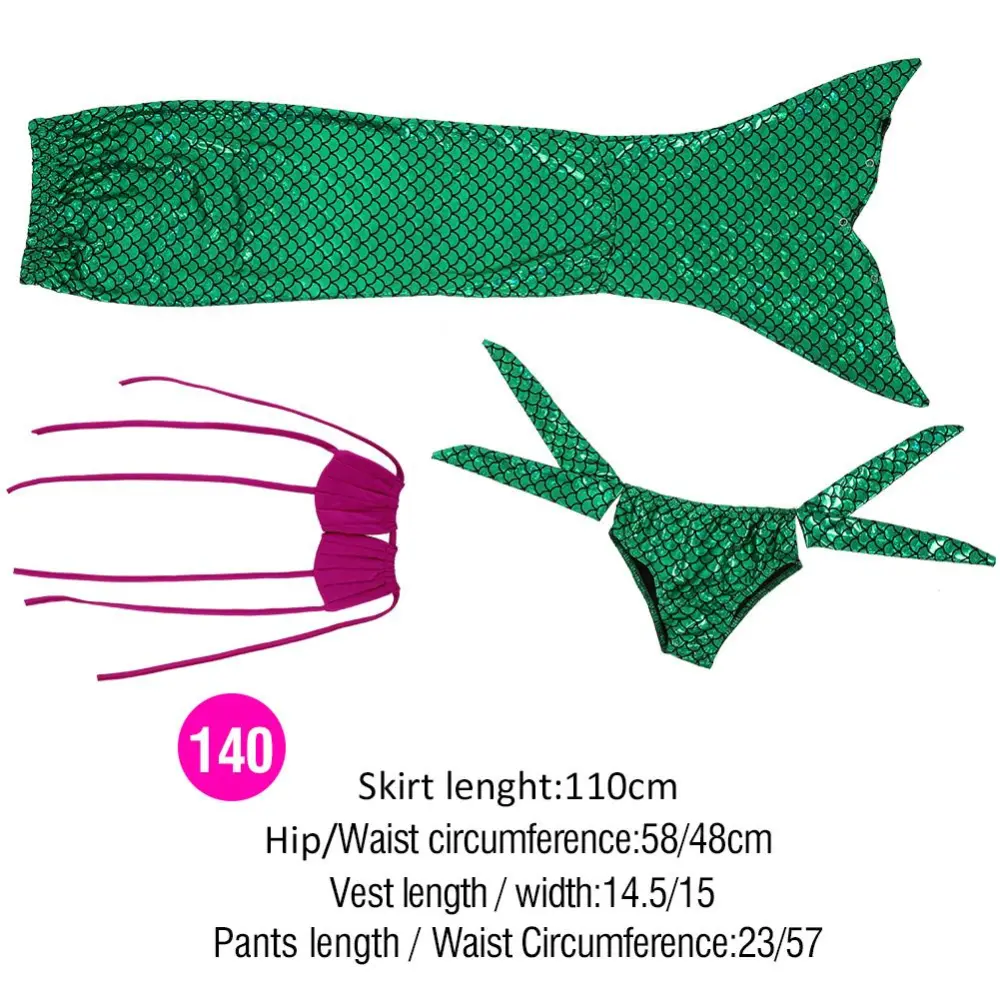 Girls 3pcs Swimwear Top Panties Mermaid Tail Swiming Costume Monofin Flippers Swimsuit (140)