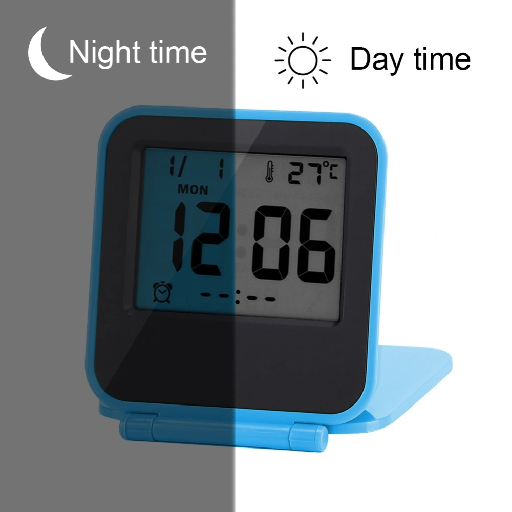 Portable Foldable Tabletop Travel Digital Alarm Clock with Temperature Calendar Date Week Blue