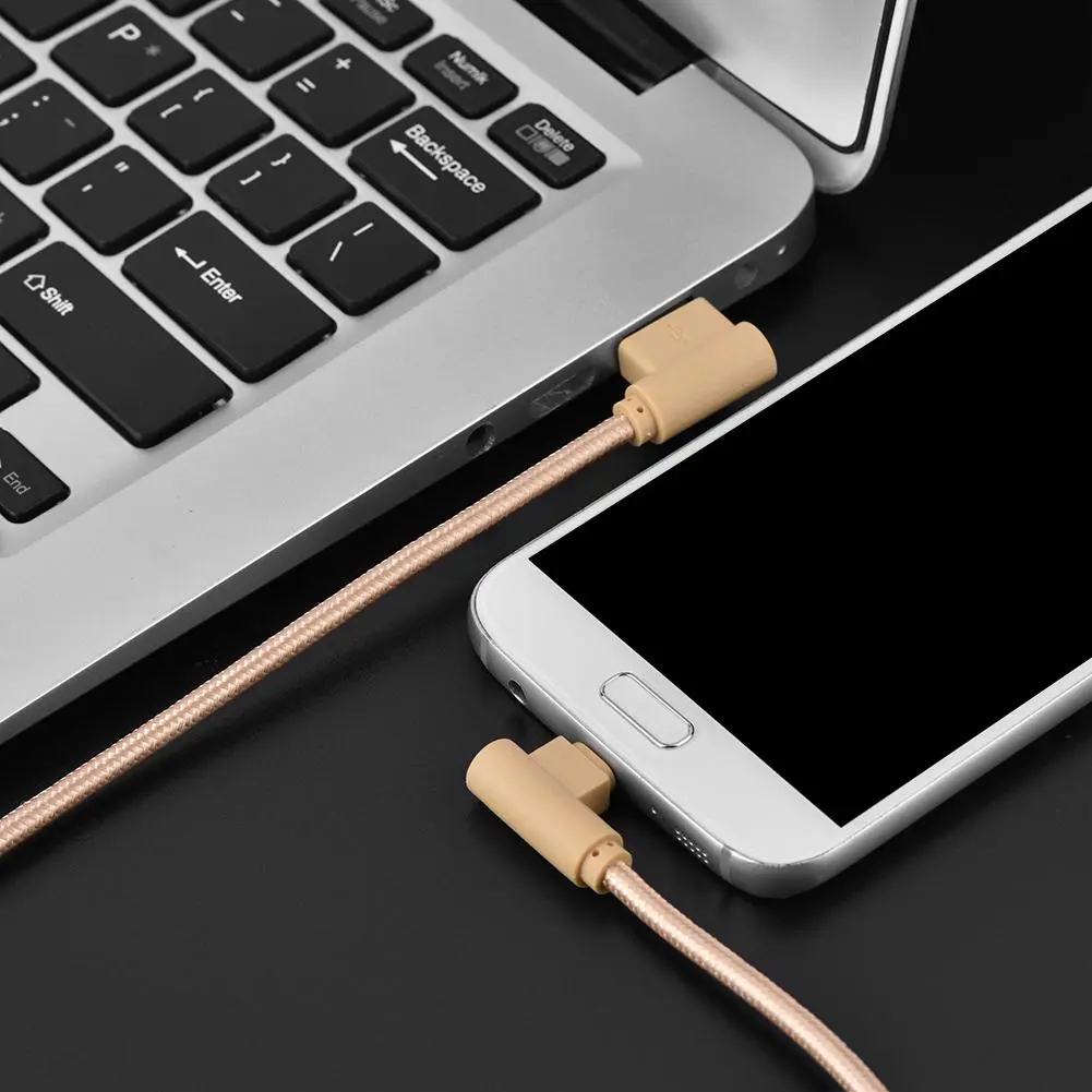 10ft Nylon Woven Braided 90 Degree Right Angle USB Charging & Sync Cable for Android Gold