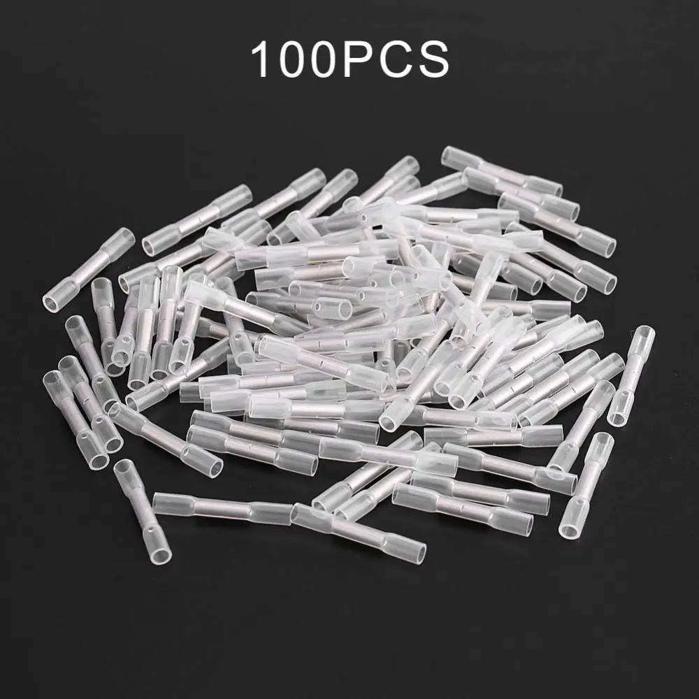 100pcs 26-24AWG Insulated Heat Shrink Butt Wire Electrical Crimp Terminal Connector